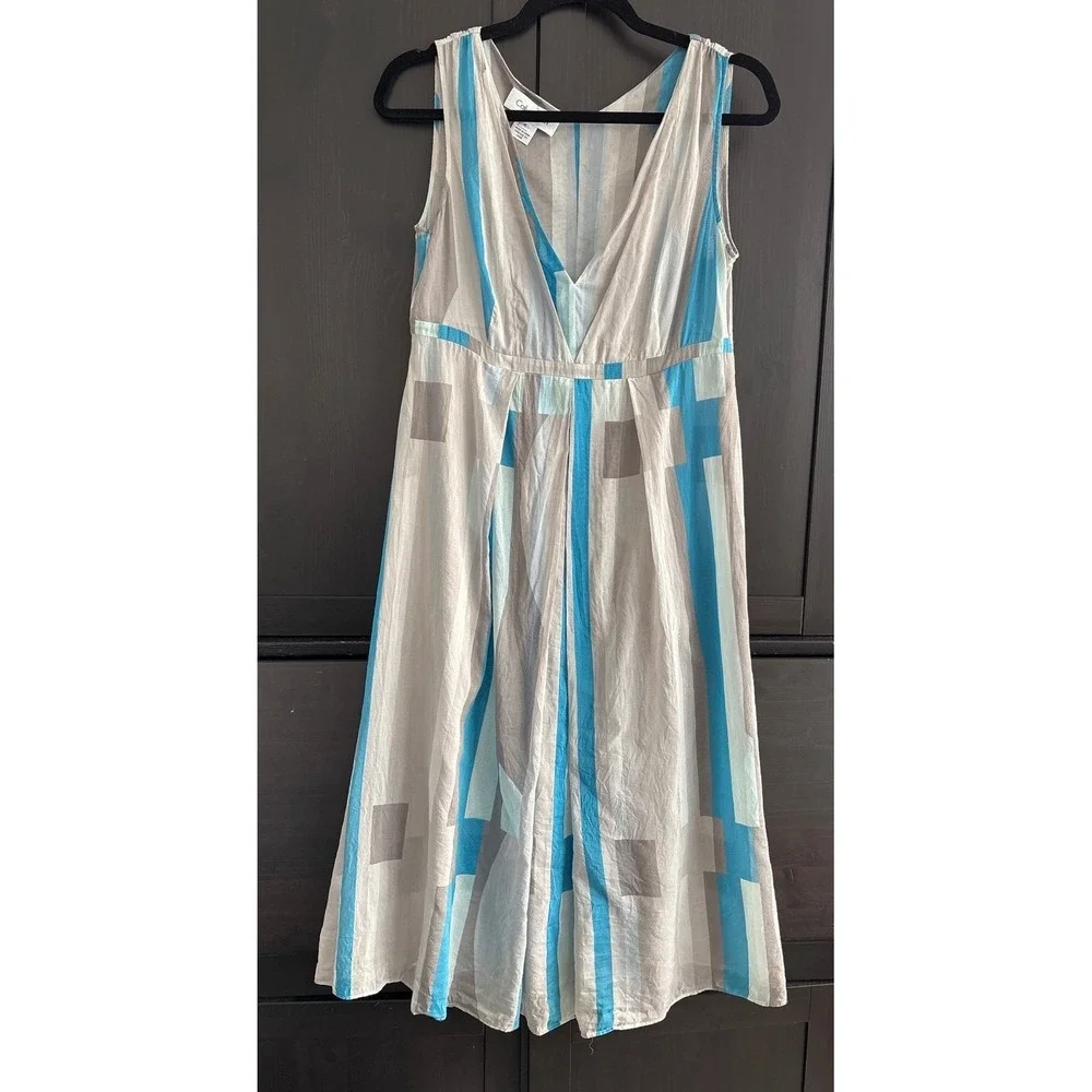 Calvin Klein Silk Cotton Blend Boho Chic Dress Gray Blue Geometric Print‎ Sz6 - Picture 3 of 14